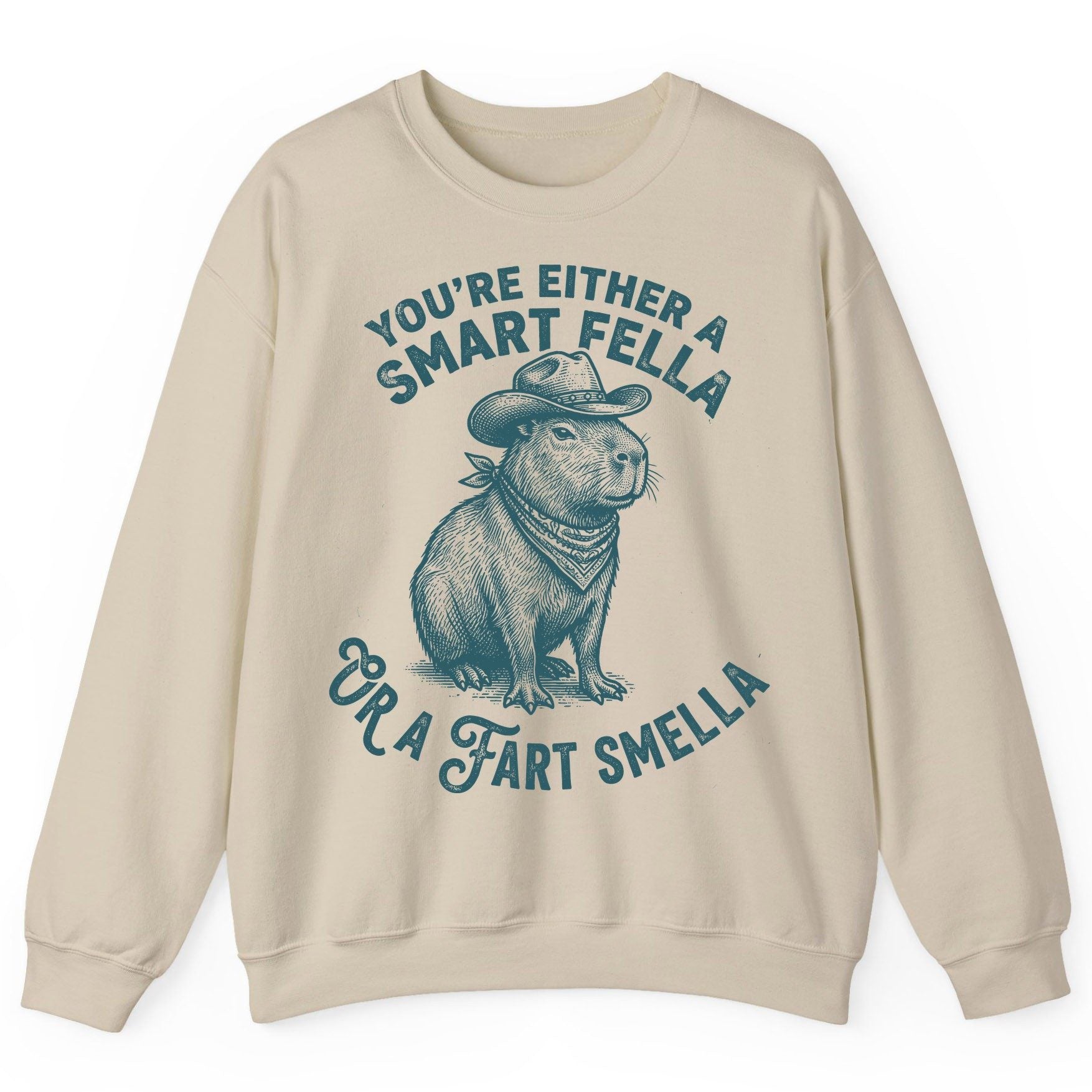 You're Either a Smart Fella or a Fart Smella capybara Sweatshirt Sand product mockup