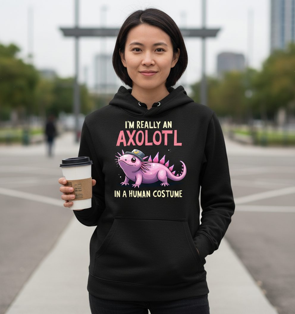 I'm Really an Axolotl in a Human Costume axolotl Hoodie Black lifestyle mockup
