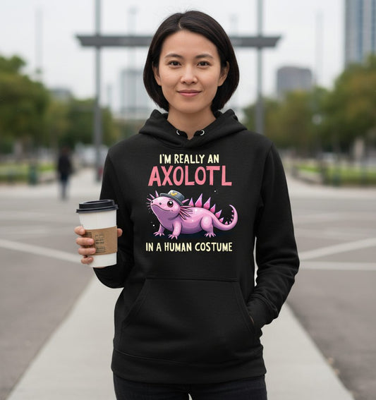 I'm Really an Axolotl in a Human Costume axolotl Hoodie Black lifestyle mockup