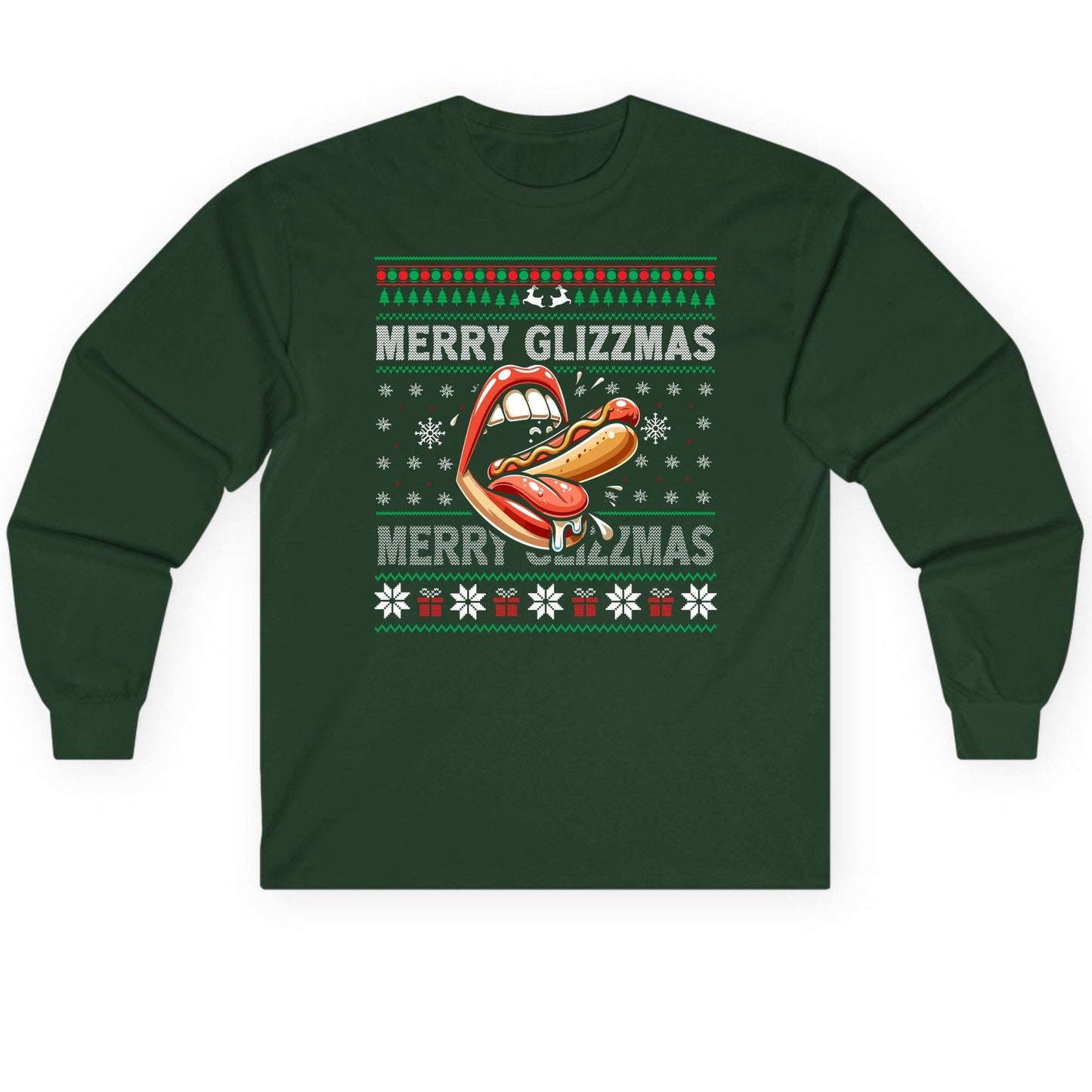 Merry Glizzzmas hot dog Long Sleeve Tee Forest Green product mockup
