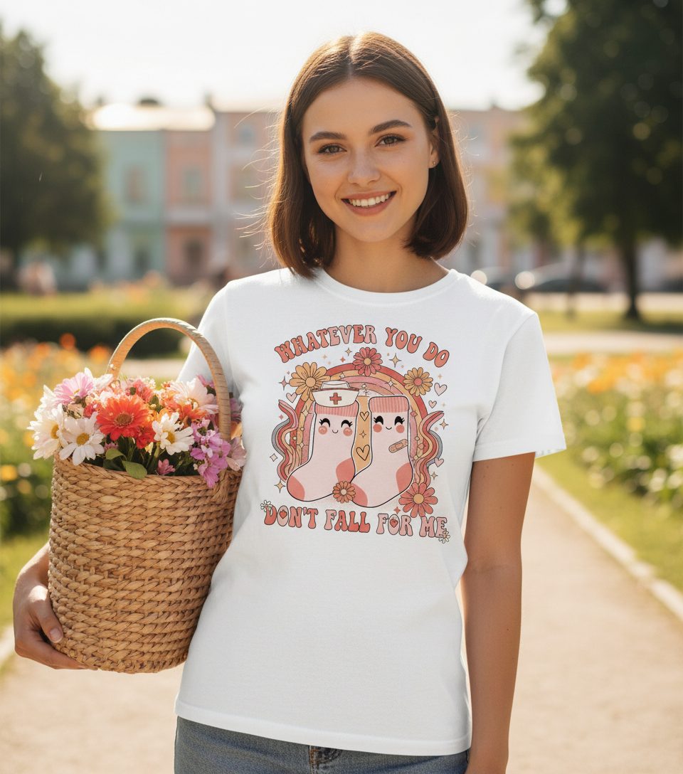 Whatever You Do Don't Fall for Me nurse Youth T-Shirt White lifestyle mockup