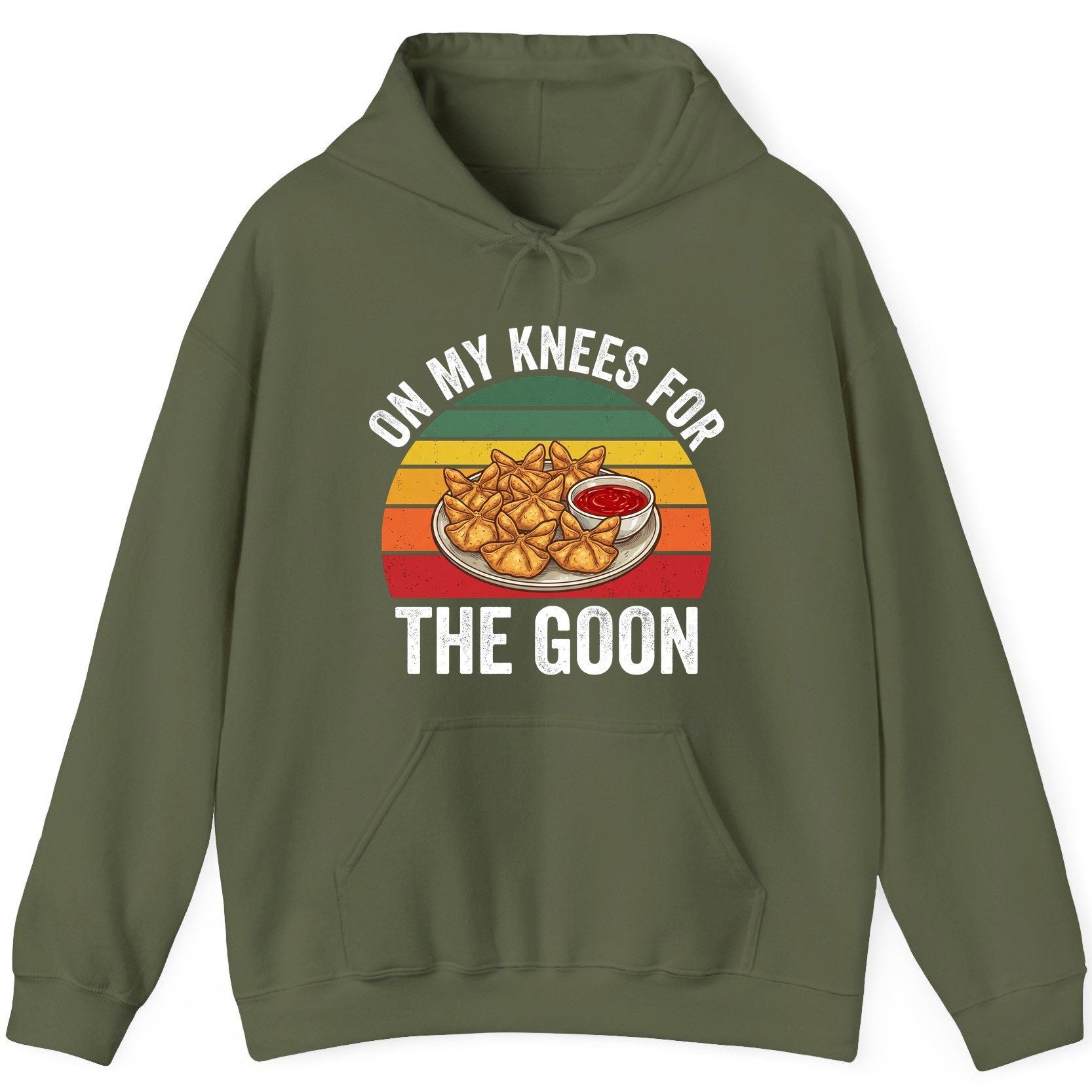 On My Knees for the Goon crab rangoon Hoodie Military Green product mockup