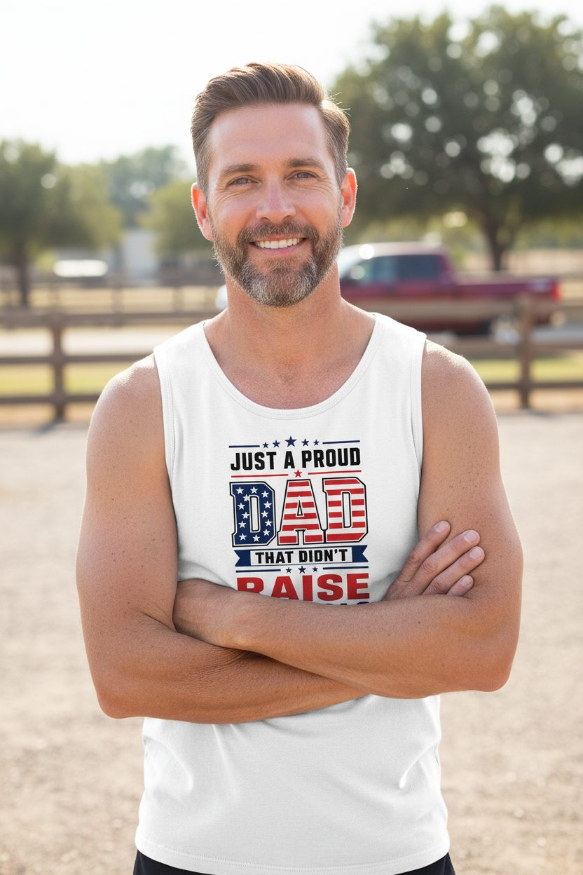 Just a Proud Dad That Didn't Raise Liberals patriotic conservative father Tank Top White lifestyle mockup