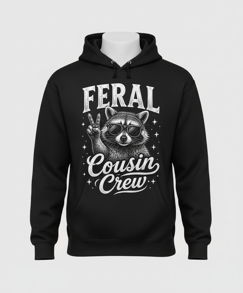Feral Cousin Crew Raccoon T-Shirt Hoodie - Black