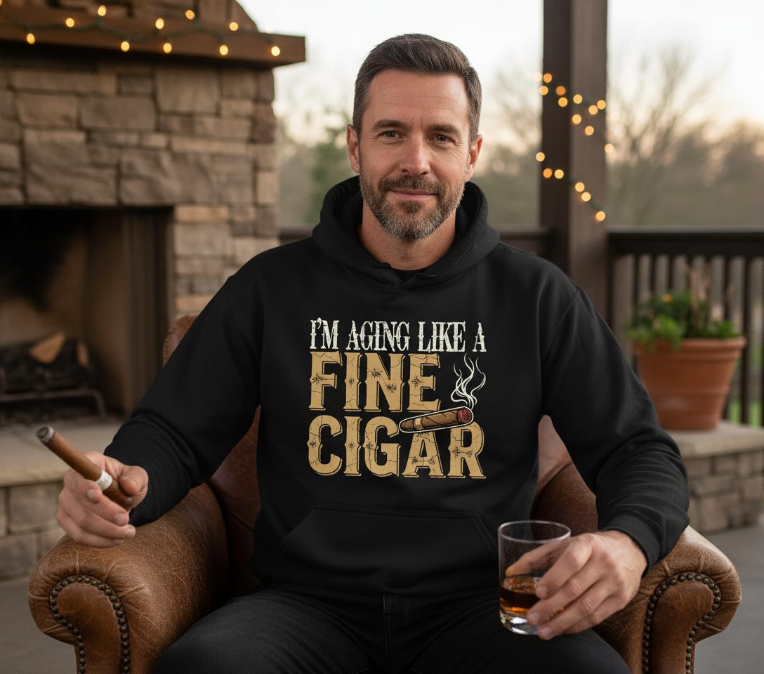 I'm Aging Like a Fine Cigar cigar smoking Hoodie Black lifestyle mockup