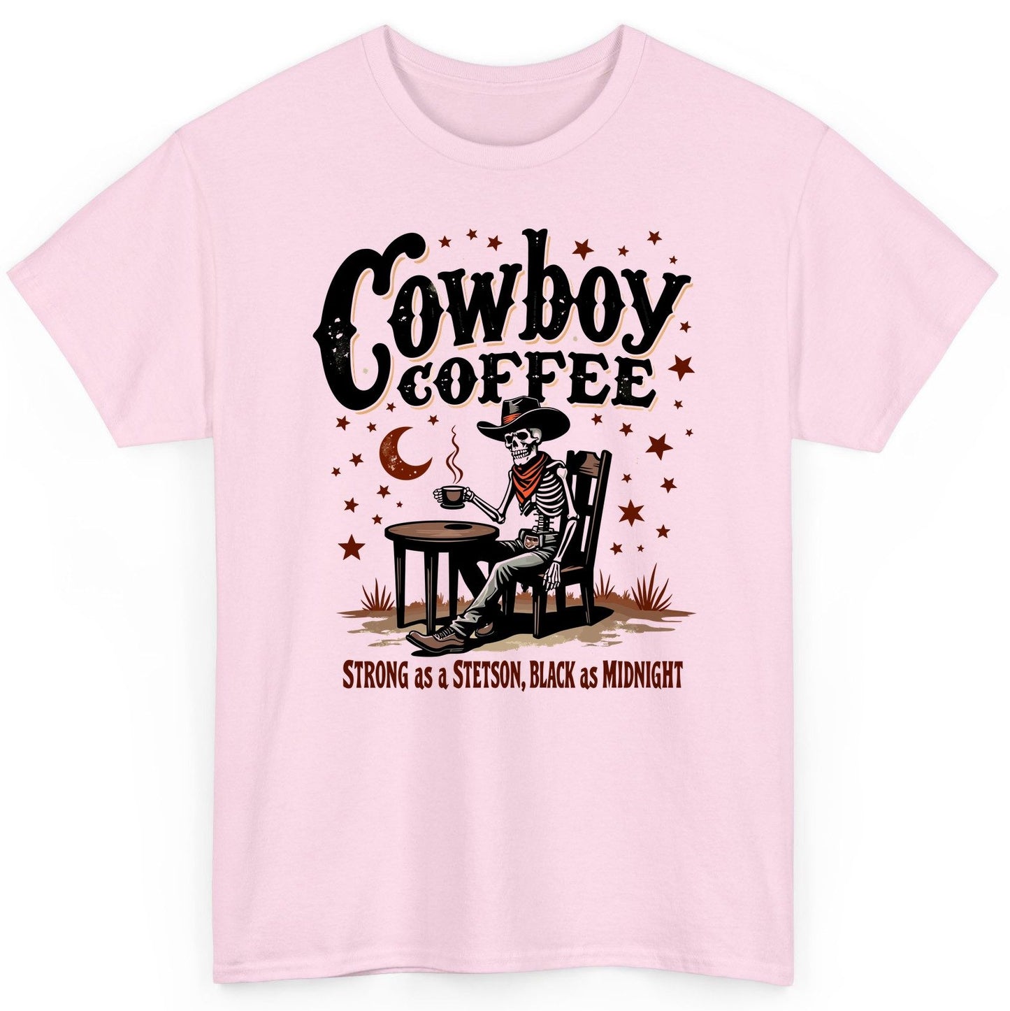 Cowboy Coffee Strong as a Stetson, Black as Midnight cowboy skeleton T-Shirt Light Pink product mockup