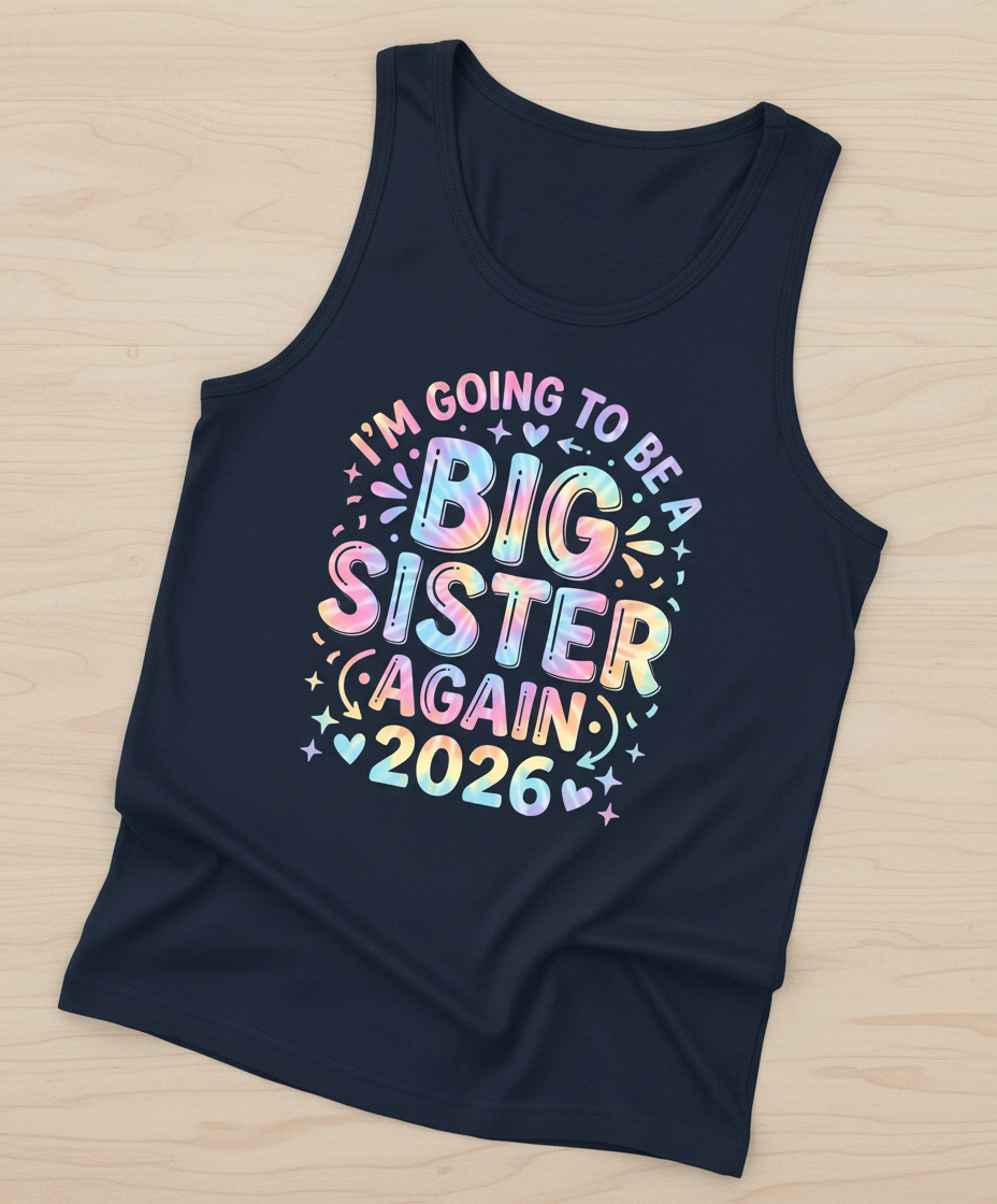 I'm Going To Be A Big Sister Again 2026 Tie-Dye Announcement Tank Top - Navy