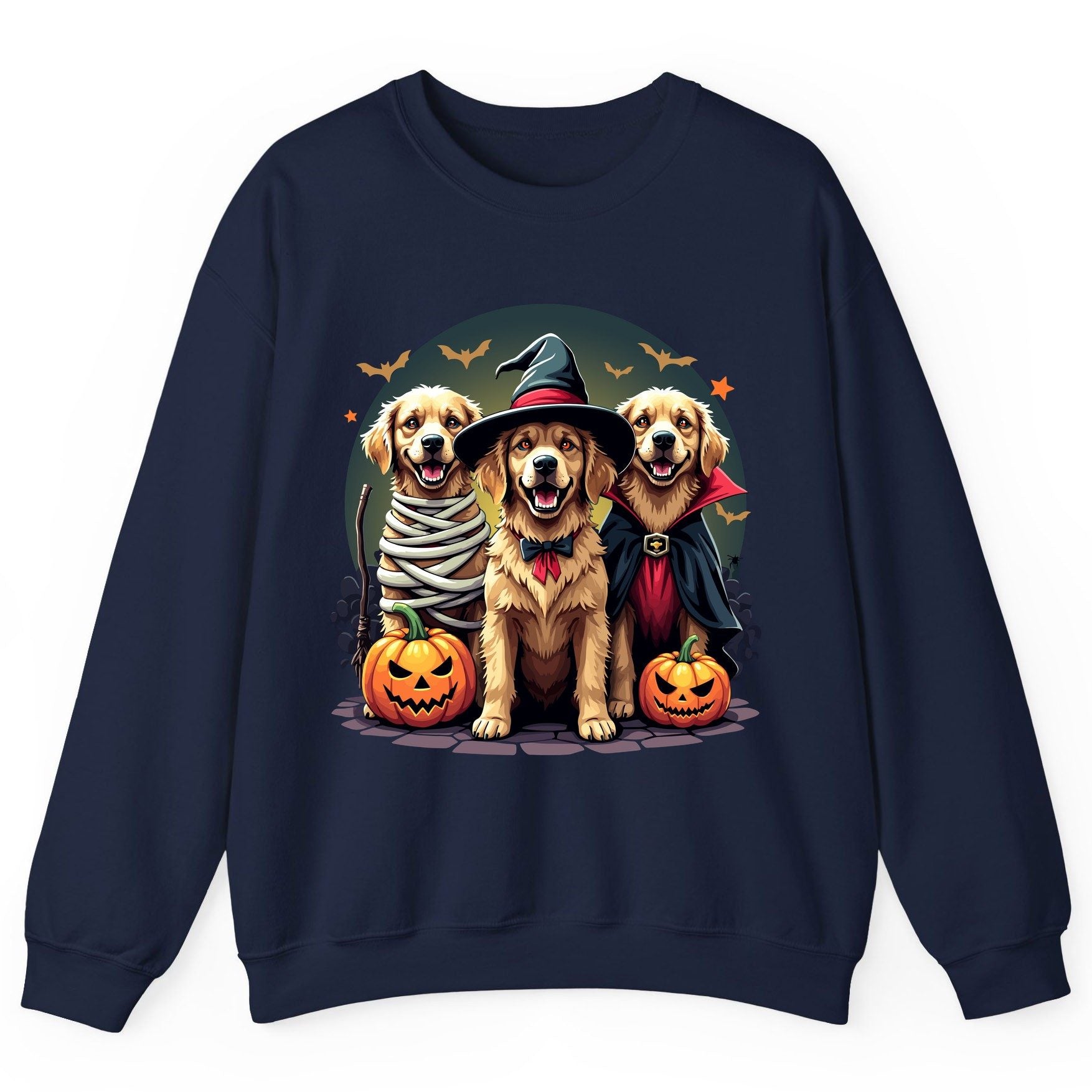 Golden Retriever Halloween Trio golden retriever Sweatshirt Navy product mockup