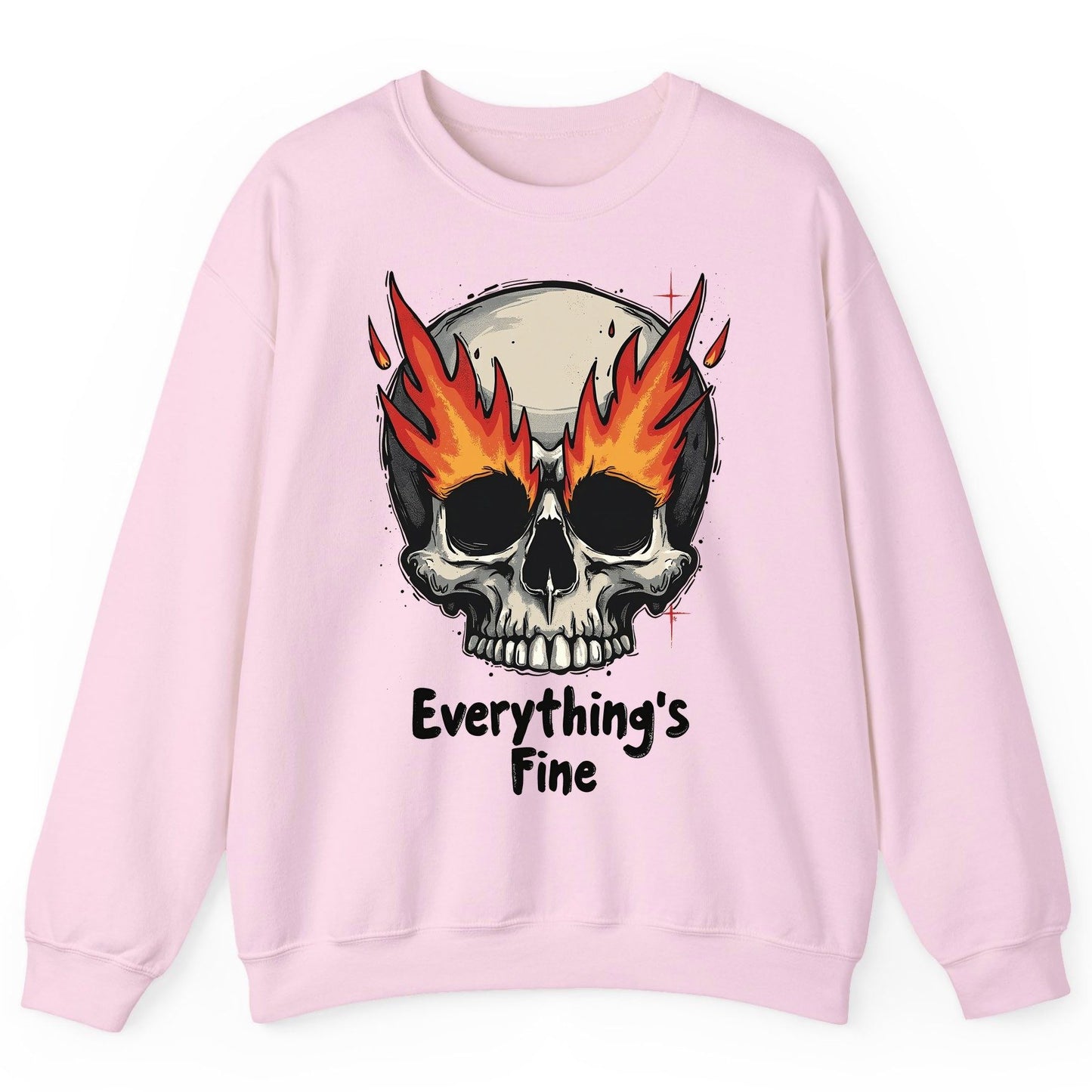 Everything's Fine flaming skull Sweatshirt Light Pink product mockup