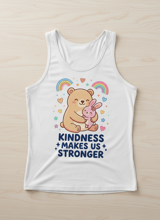 Cute Bear and Bunny Hug Kindness Makes Us Stronger Design Tank Top - White