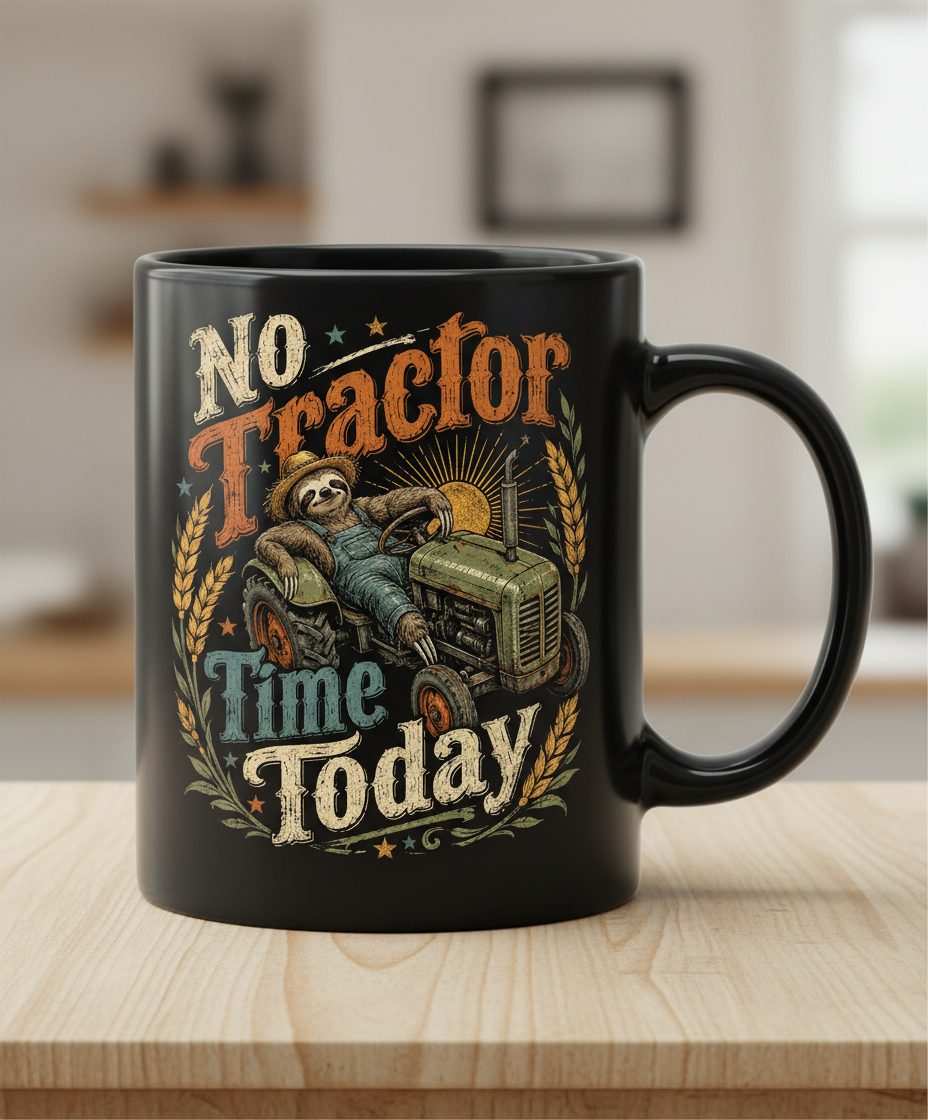 No Tractor Time Today Funny Sloth Black Mug - product mockup - Black