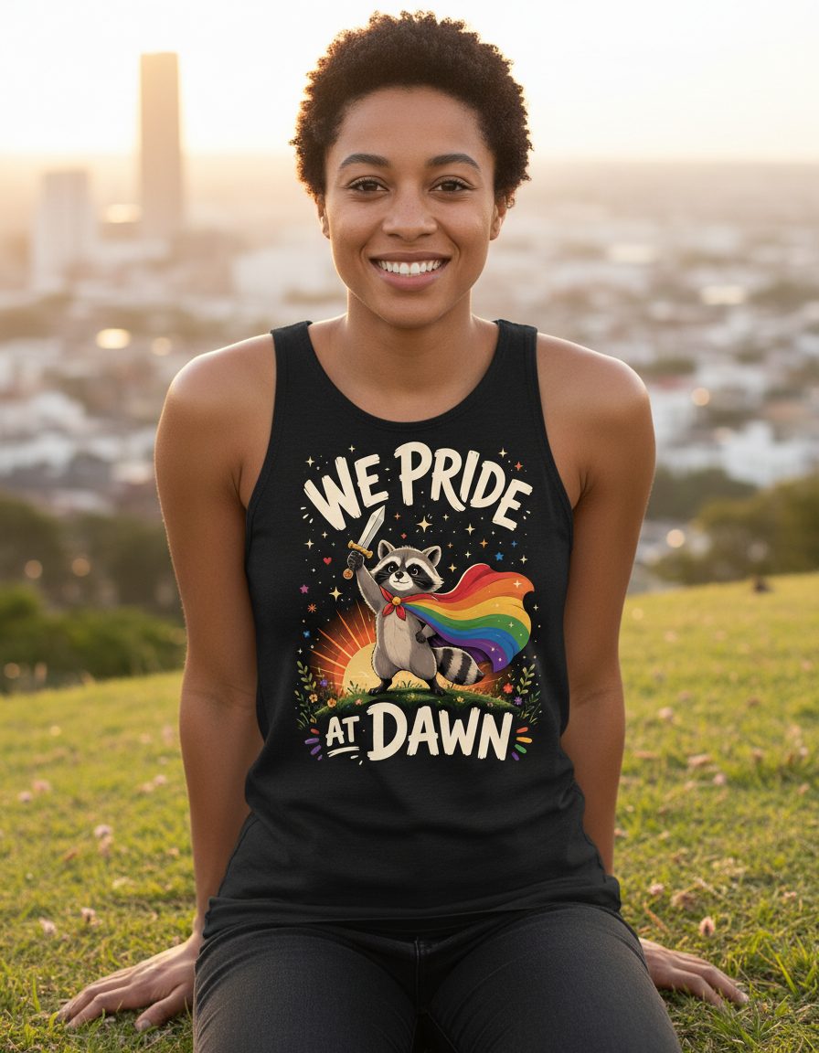 We Pride at Dawn Lgbtq Raccoon Tank Top - lifestyle model mockup - Black