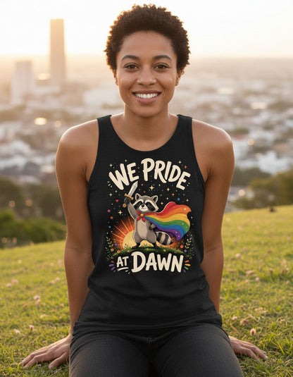 We Pride at Dawn Lgbtq Raccoon Tank Top - lifestyle model mockup - Black