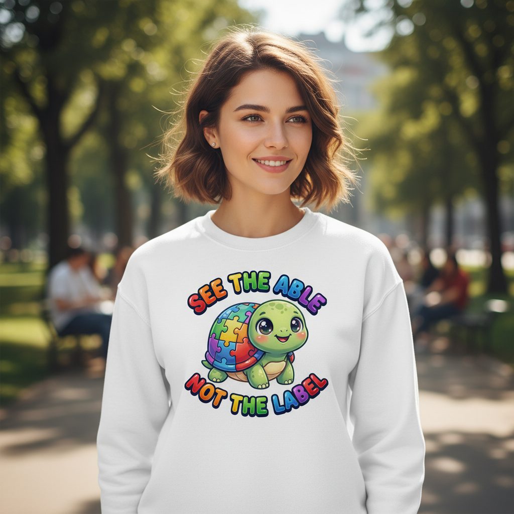 SEE THE ABLE NOT THE LABEL Autism Awareness Sweatshirt - lifestyle model mockup - White