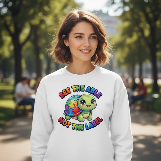 SEE THE ABLE NOT THE LABEL Autism Awareness Sweatshirt - lifestyle model mockup - White