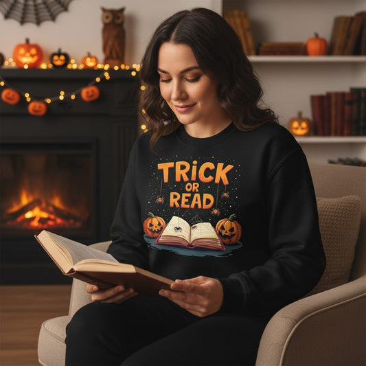Trick or Read Halloween Sweatshirt Black lifestyle mockup