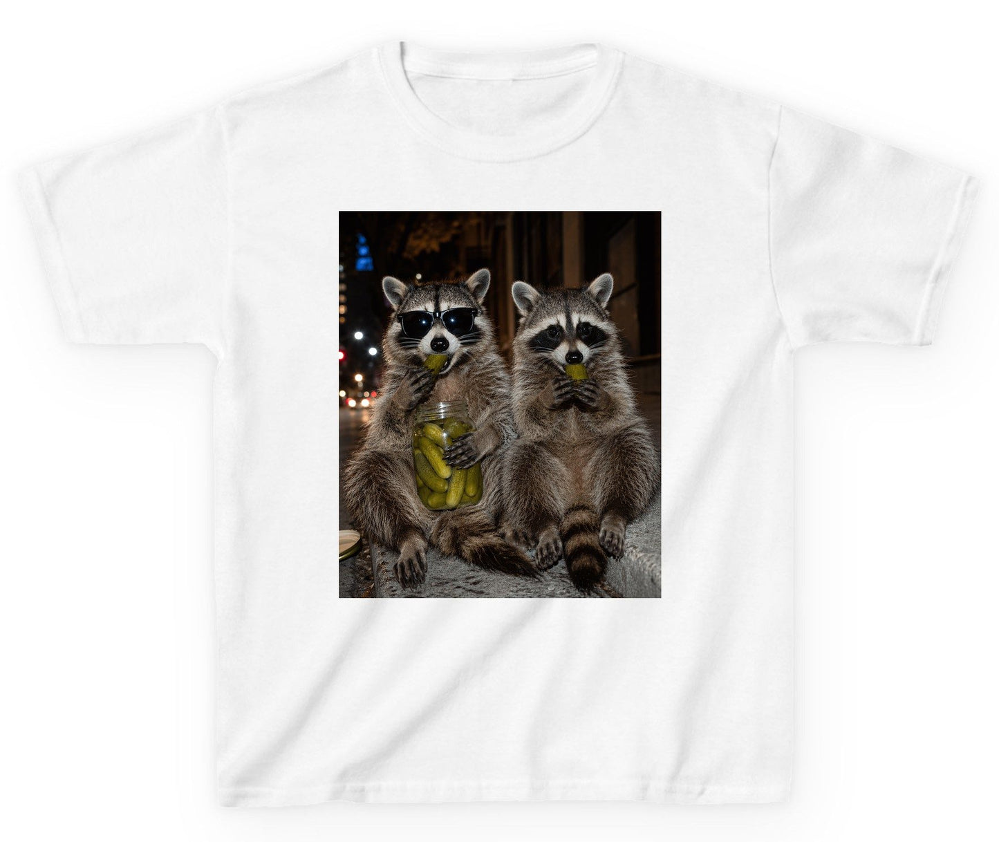 Raccoons Eating Pickles Funny Animal Lovers Youth T-Shirt - product mockup - White
