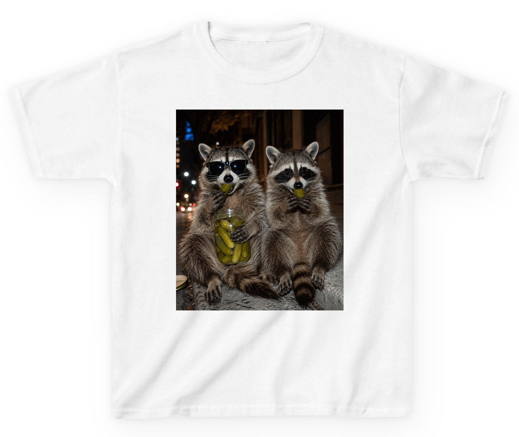 Raccoons Eating Pickles Funny Animal Lovers Youth T-Shirt - product mockup - White