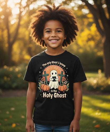 The Only Ghost I Know Is the Holy Ghost christian Halloween Youth T-Shirt Black lifestyle mockup