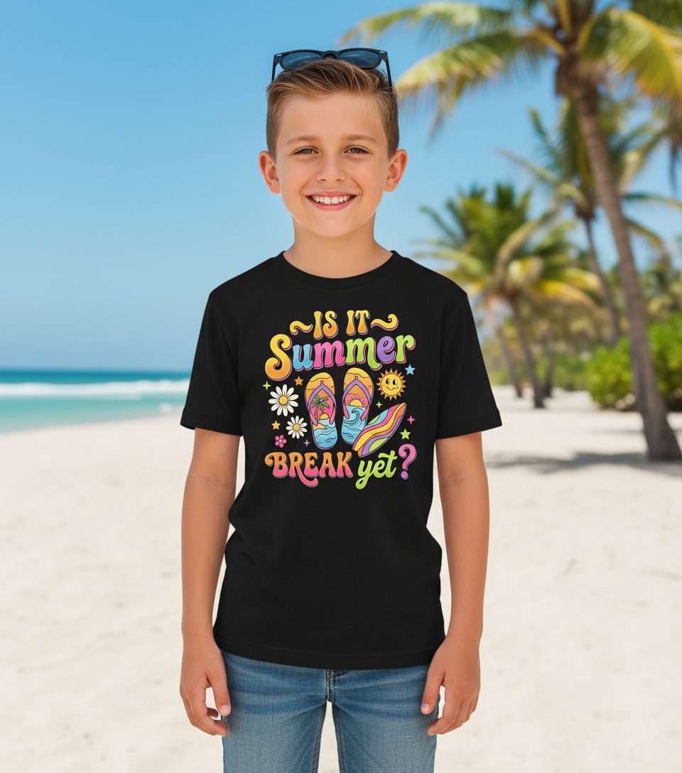 Is It Summer Break Yet Retro Vacation Youth T-Shirt - lifestyle model mockup - Black