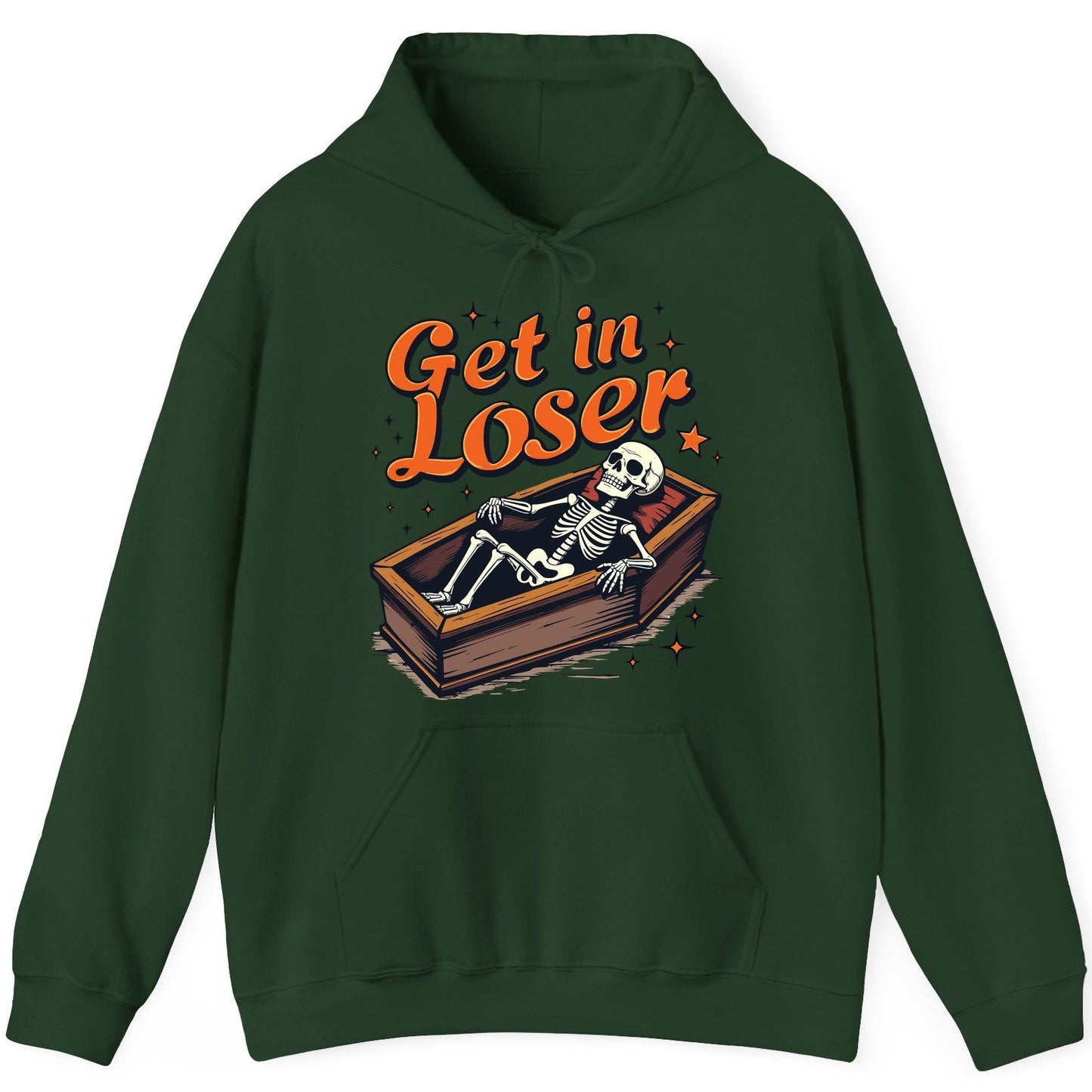 Get in Loser skeleton in coffin Hoodie Forest Green product mockup