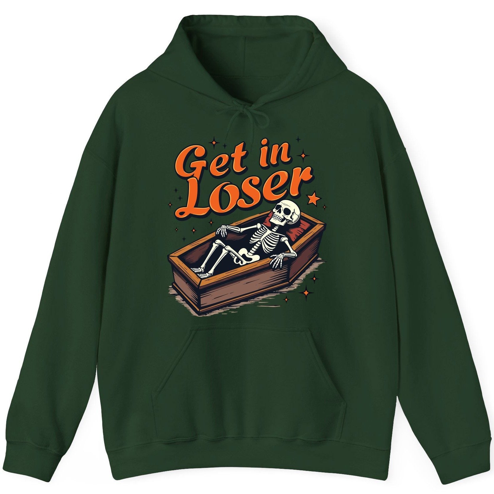 Get in Loser skeleton in coffin Hoodie Forest Green product mockup
