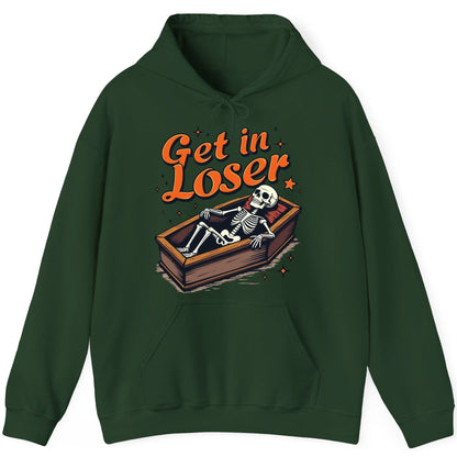Get in Loser skeleton in coffin Hoodie Forest Green product mockup