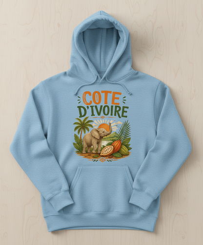 Cote D'Ivoire Elephant Travel Art Hoodie - product mockup - Light Blue