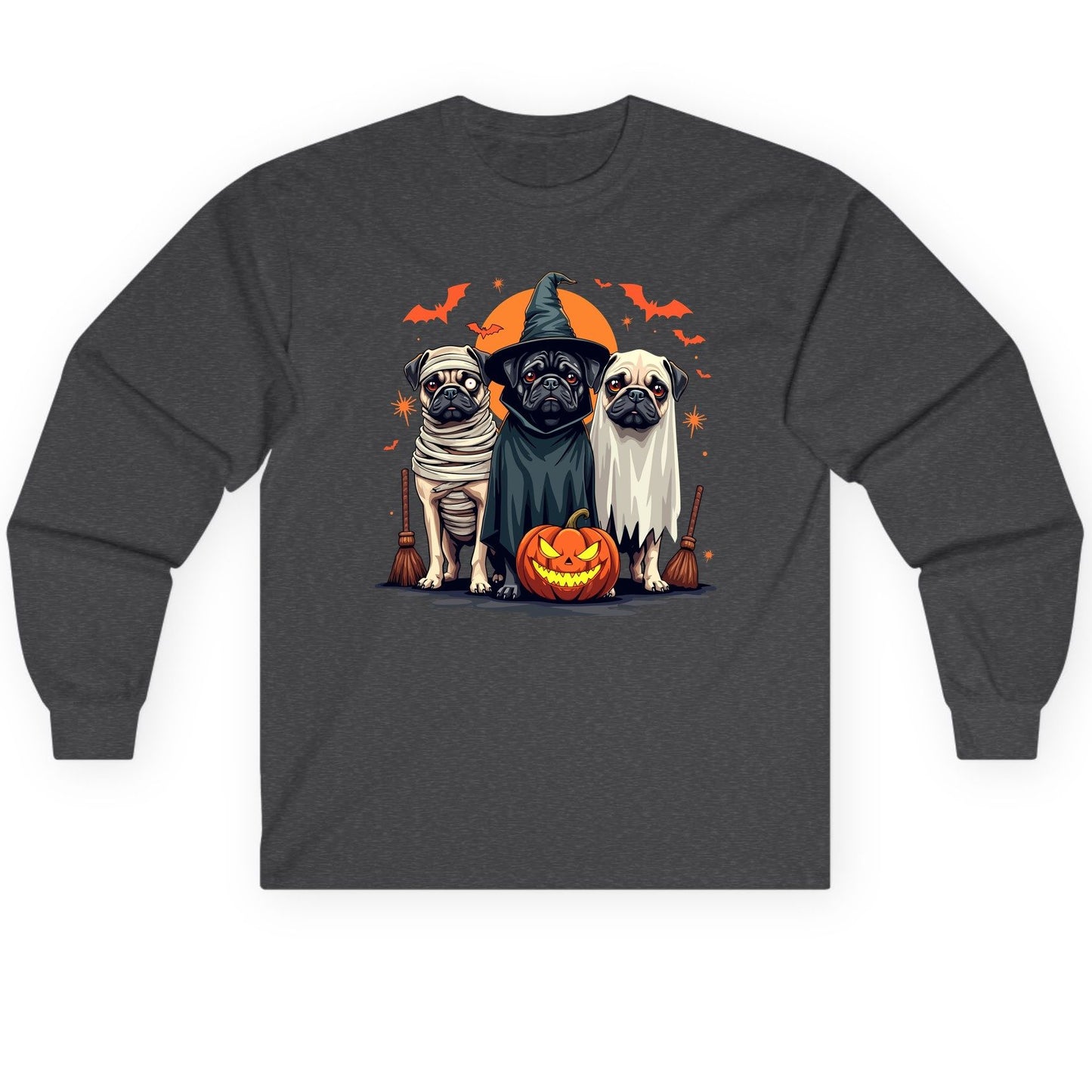 Halloween Pugs Costumes pugs Long Sleeve Tee Dark Heather product mockup