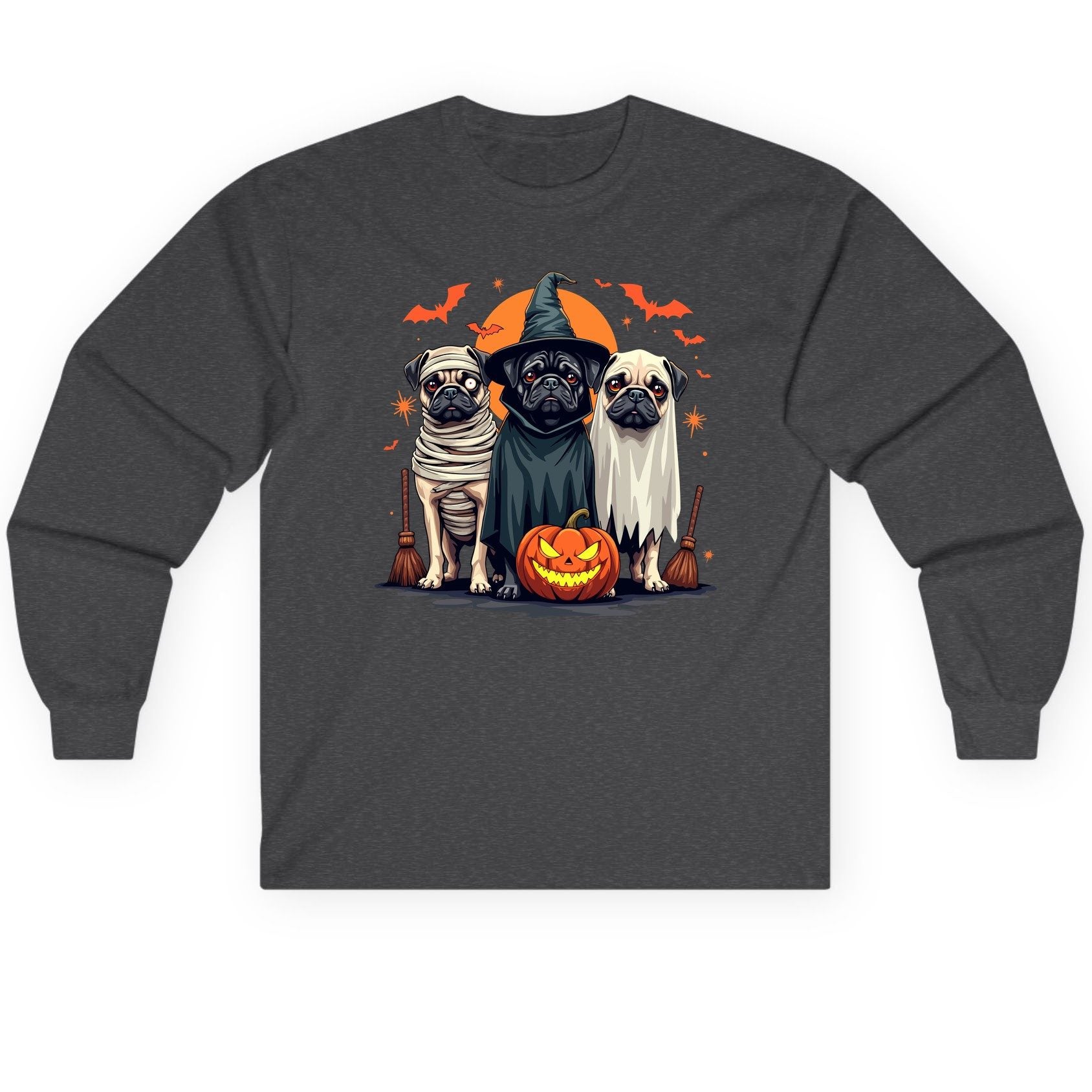 Halloween Pugs Costumes pugs Long Sleeve Tee Dark Heather product mockup
