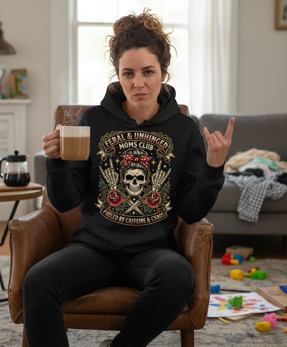 Feral & Unhinged Moms Club Fueled by Caffeine & Chaos Hoodie - lifestyle model mockup - Black