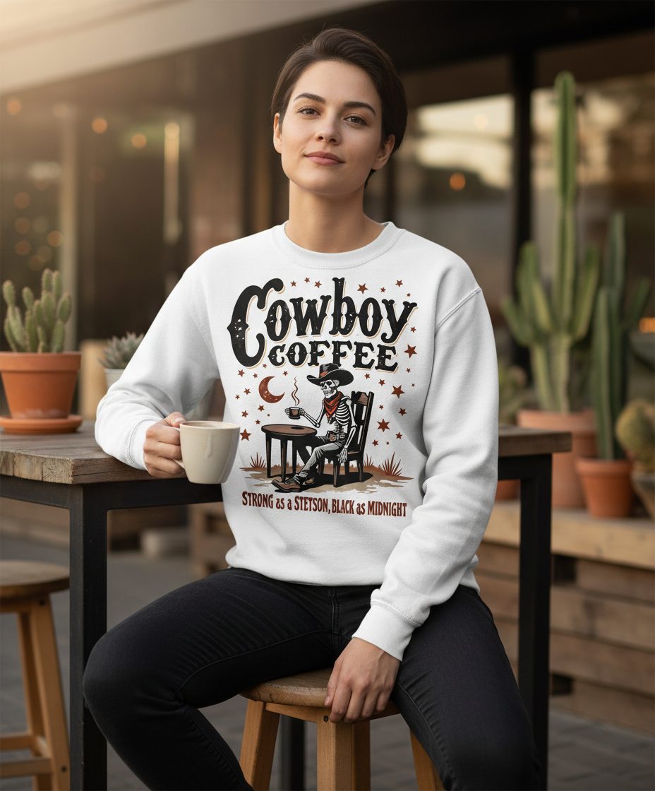 Cowboy Coffee Strong as a Stetson, Black as Midnight cowboy skeleton Sweatshirt White lifestyle mockup