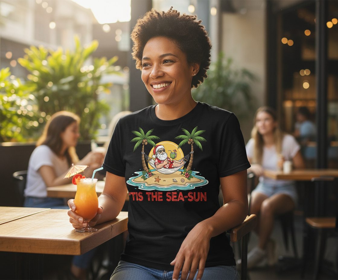 'Tis the Sea-Sun santa claus on a tropical vacation T-Shirt Black lifestyle mockup