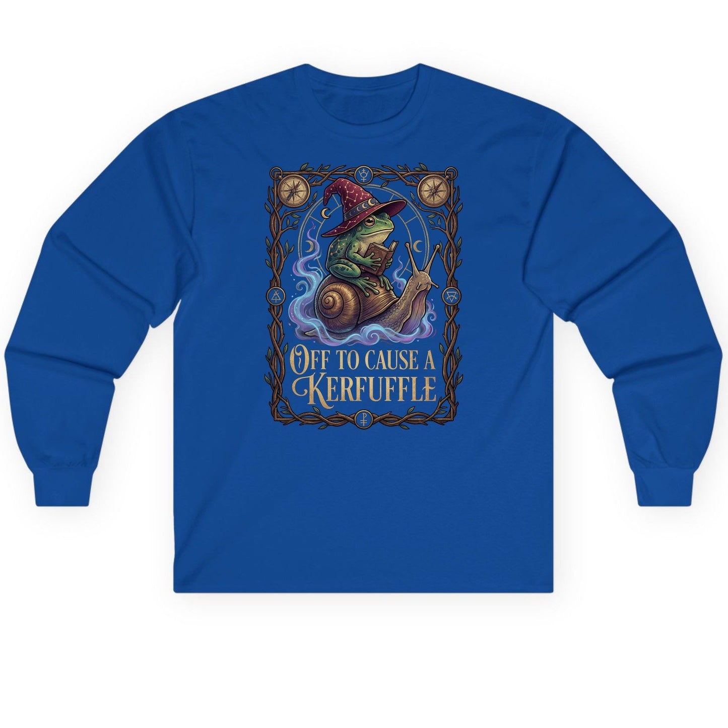 Off to Cause a Kerfuffle frog wizard Long Sleeve Tee Royal product mockup