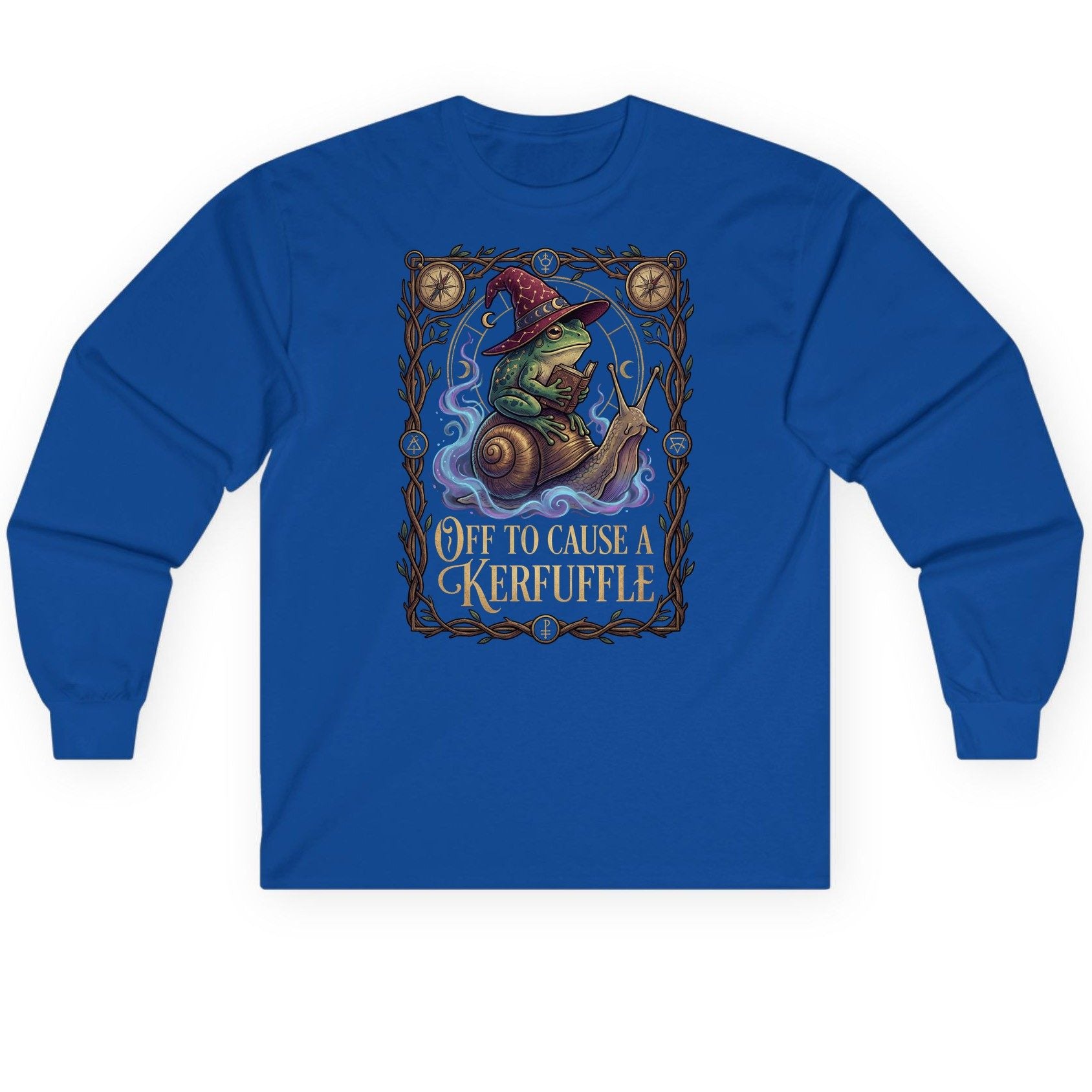 Off to Cause a Kerfuffle frog wizard Long Sleeve Tee Royal product mockup