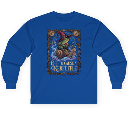 Off to Cause a Kerfuffle frog wizard Long Sleeve Tee Royal product mockup
