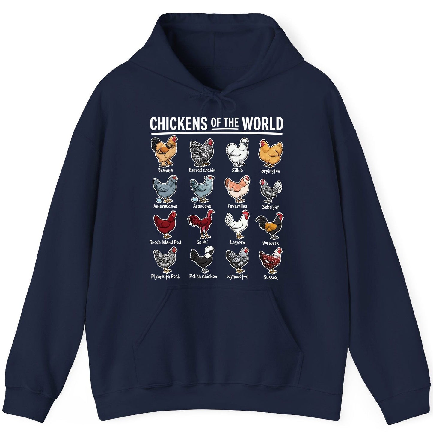 Chickens of the World chicken breeds Hoodie Navy product mockup