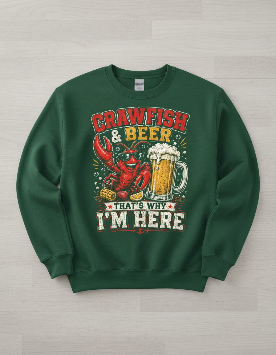 Crawfish & Beer That's Why I'm Here Funny Boil Sweatshirt - product mockup - Forest Green