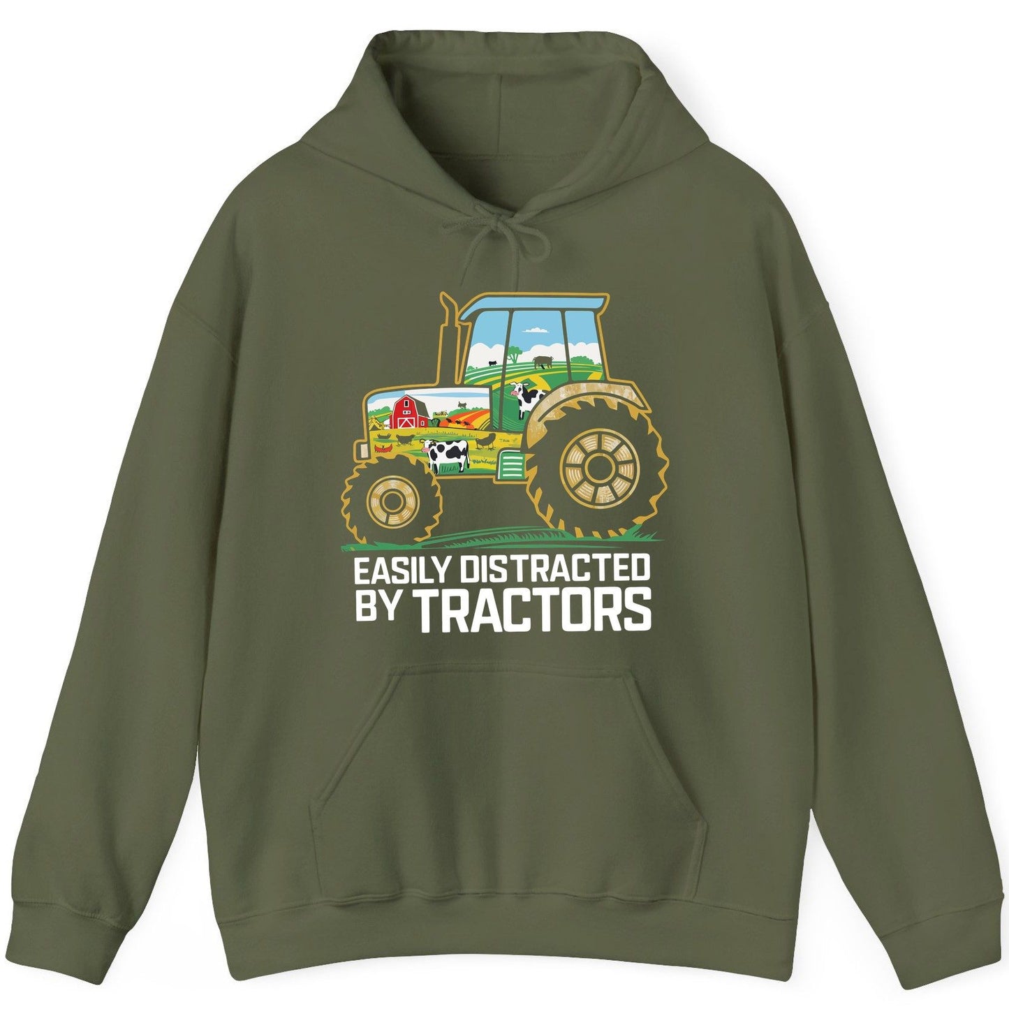 Easily Distracted by Tractors farming Hoodie Military Green product mockup