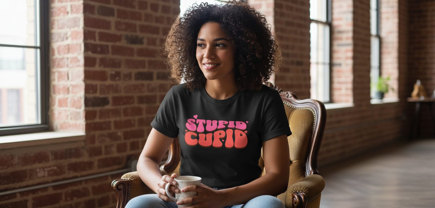Stupid Cupid anti-Valentine's Day T-Shirt Black lifestyle mockup