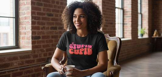 Stupid Cupid anti-Valentine's Day T-Shirt Black lifestyle mockup