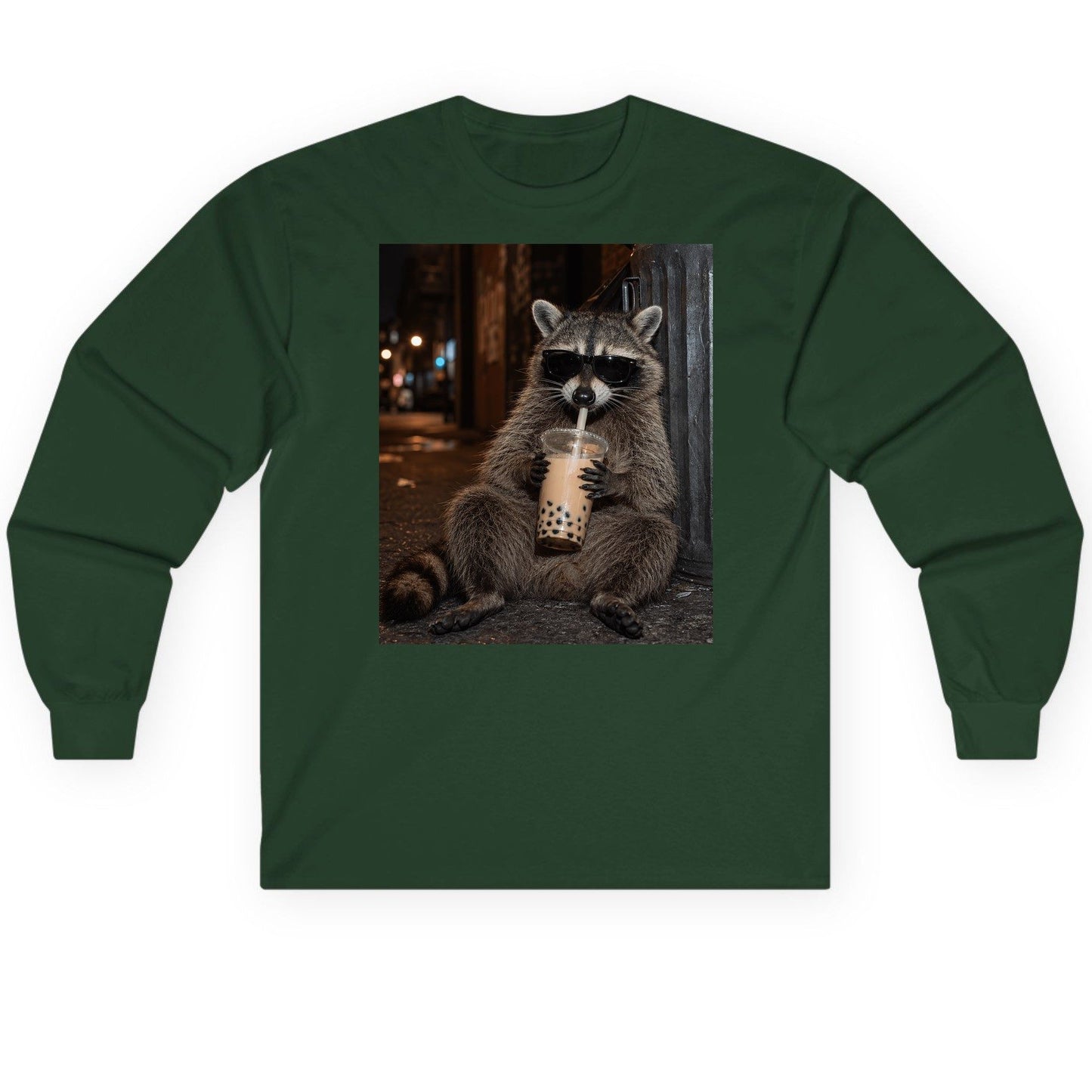 Cool Raccoon Bubble Tea Funny Lovers Long Sleeve Tee - product mockup - Forest Green