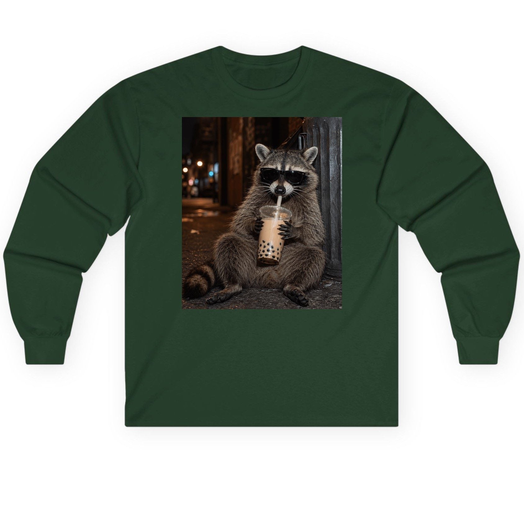 Cool Raccoon Bubble Tea Funny Lovers Long Sleeve Tee - product mockup - Forest Green