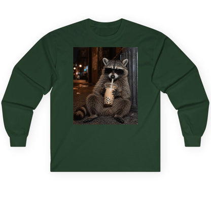 Cool Raccoon Bubble Tea Funny Lovers Long Sleeve Tee - product mockup - Forest Green