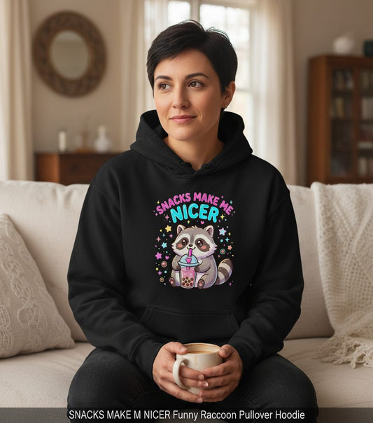 SNACKS MAKE ME NICER Funny Raccoon Hoodie - lifestyle model mockup - Black
