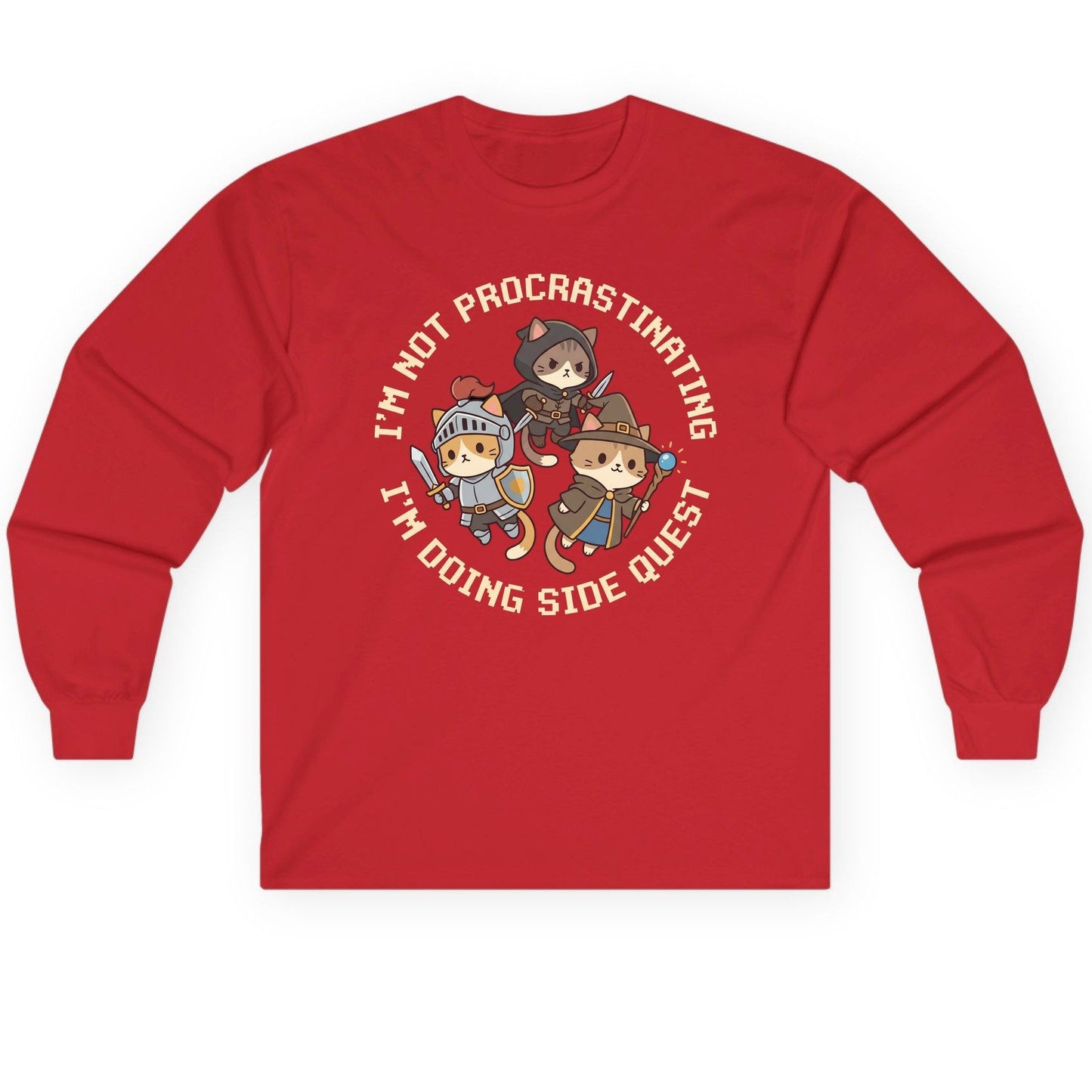 I'm Not Procrastinating I'm Doing Side Quest rpg cats Long Sleeve Tee Red product mockup