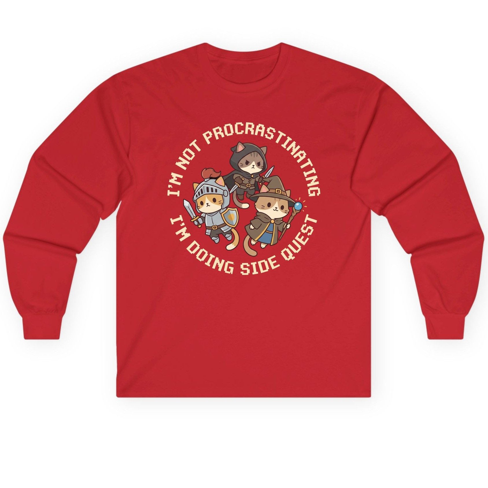 I'm Not Procrastinating I'm Doing Side Quest rpg cats Long Sleeve Tee Red product mockup