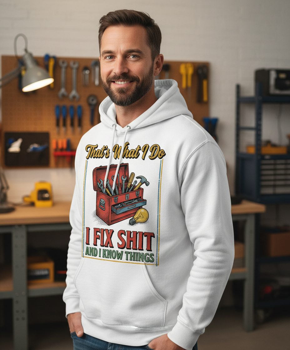 That's What I Do I Fix Shit and I Know Things Funny Handyman Hoodie - lifestyle model mockup - White