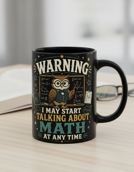 Warning I May Start Talking About Math at Any Time Funny Teachers Black Mug - product mockup - Black