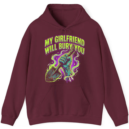 My Girlfriend Will Bury You zombie Hoodie Maroon product mockup